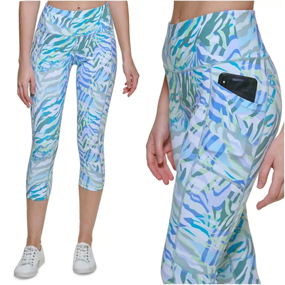 Calvin Klein Performance Cropped High-Rise Leggings Blue Green Print Pockets